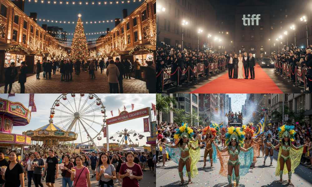 A collage of Toronto's top festivals: a festive Christmas market, a glamorous film premiere, an amusement park, and a vibrant street parade with costumed dancers.