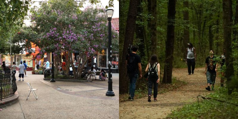 Two unique Atlanta scenes a vibrant street with shops and people relaxing outdoors in Little Five Points, and a tranquil forest path where people are walking through lush woods, showcasing the city's diverse environments.