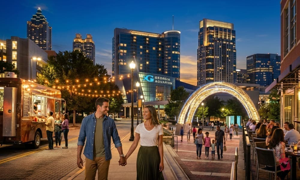 A couple holds hands walking towards the Georgia Aquarium at night, with food trucks and city lights creating a vibrant atmosphere.