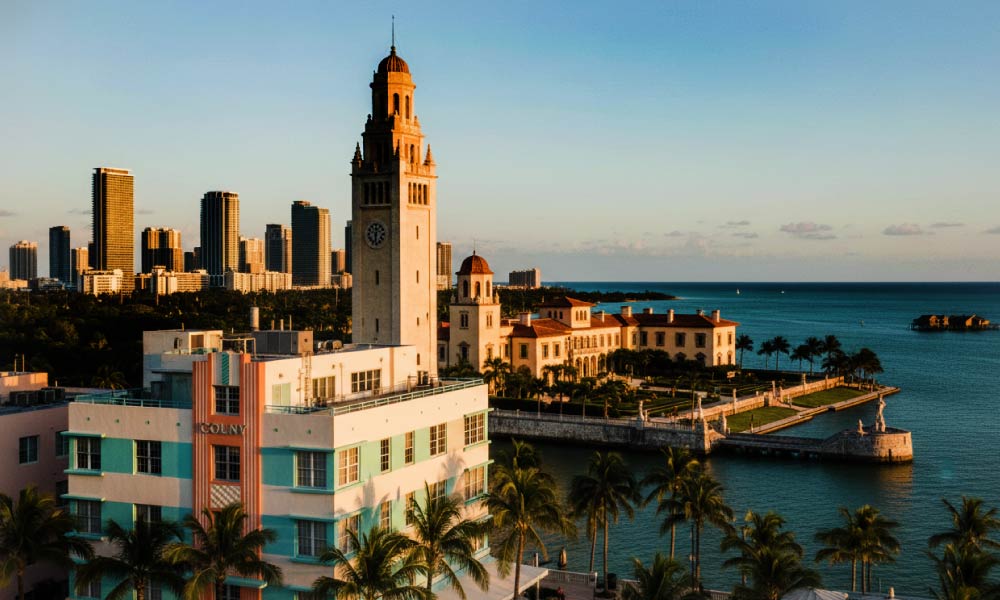An elevated view of historical landmarks in Miami, including the Freedom Tower and other buildings, with the ocean and cityscape in the background.
