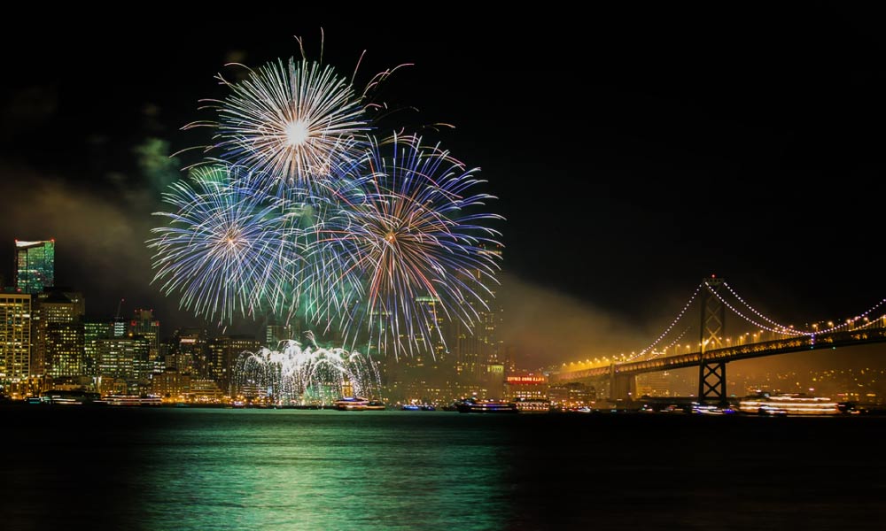 Fireworks burst over the city skyline, showing the vibe of Festivals and Events in the San Francisco Bay Area.