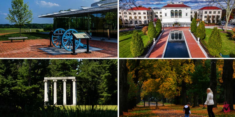 A collage of four images showing historical landmarks in New Jersey, including a building with cannons, a mansion with a formal garden, ancient columns in a park, and people walking through an autumn park.