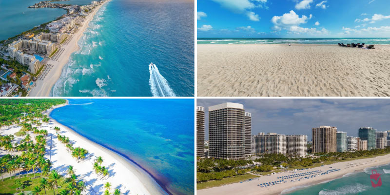 A collage of four images displaying the beautiful beaches of Miami, featuring aerial views of coastlines, clear blue water, and sandy shores with umbrellas.