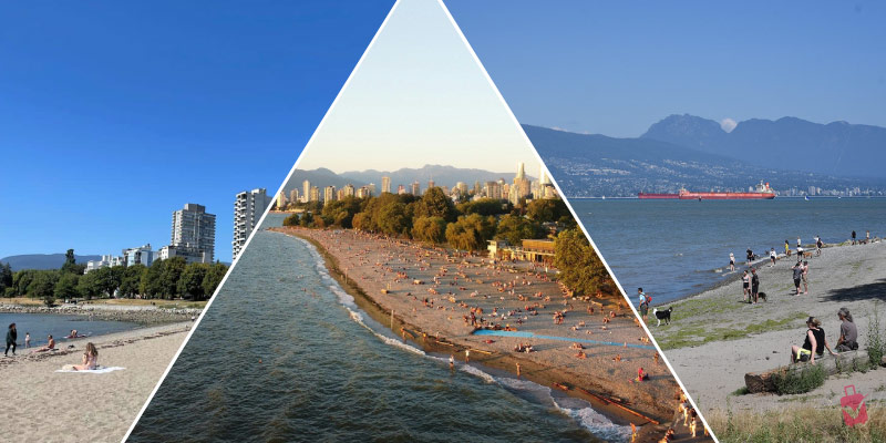 A collage showing the best beaches in Vancouver with views of the city skyline, ocean, and mountains in the background.