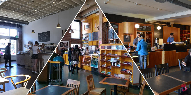 A collage showing the warm and inviting interiors of some of the best coffee shops in Seattle, featuring local baristas and modern decor.