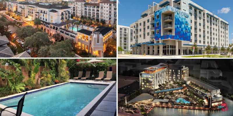 A collage of four images showing different types of hotels and accommodations in Miami, including buildings and a private pool.
