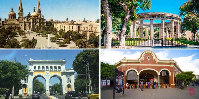 A collage of four images featuring the best Instagram spots in Guadalajara - a panoramic view of the city with the Guadalajara Cathedral, a circular monument dedicated to Jalisco's illustrious sons, the iconic Arcos de Guadalajara, and a charming traditional building.