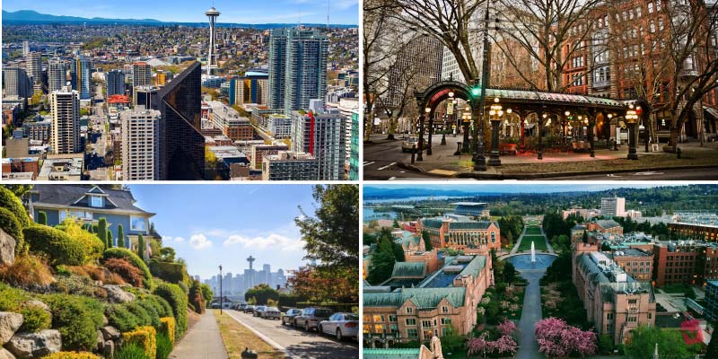 A collage showcasing the best neighborhoods in Seattle, from the historic charm of Pioneer Square to the scenic views of Queen Anne Hill.