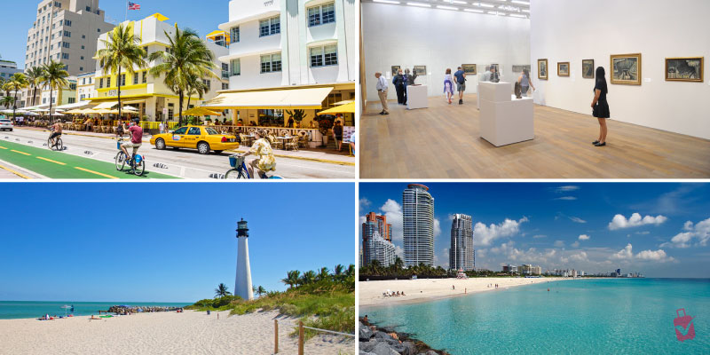 A collage of four images featuring iconic photo spots in Miami Ocean Drive with colorful Art Deco buildings, an art gallery, the Cape Florida Lighthouse, and a panoramic view of Miami Beach.