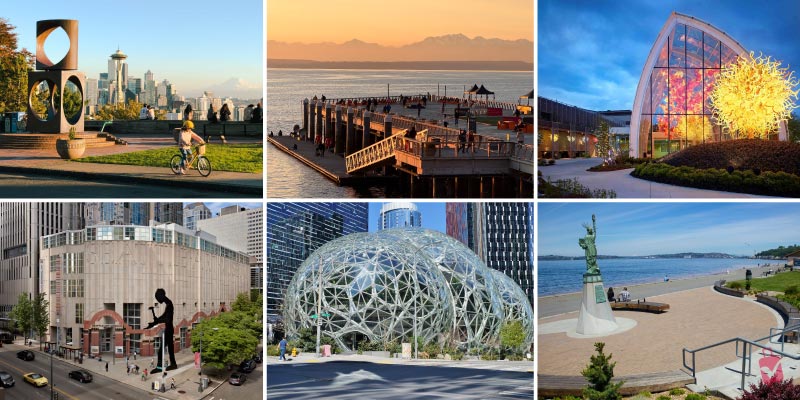 A collage of the best photo spots in Seattle, featuring The Spheres, Chihuly Garden and Glass, and scenic views from Alki Beach.