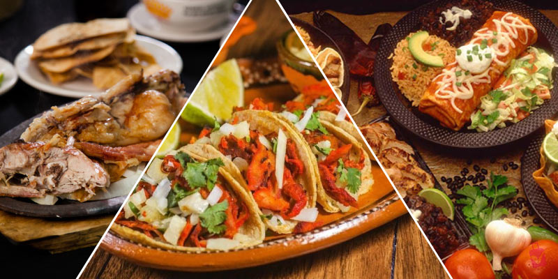 A triangular collage displays popular food from Monterrey. From left to right: a plate of roasted chicken and tortillas; three tacos al pastor; and a large burrito with rice and beans.