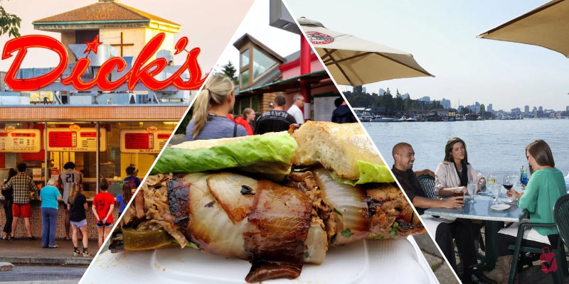 A collage showcasing some of the best restaurants in Seattle, from casual drive-ins and famous sandwiches to scenic waterfront dining.