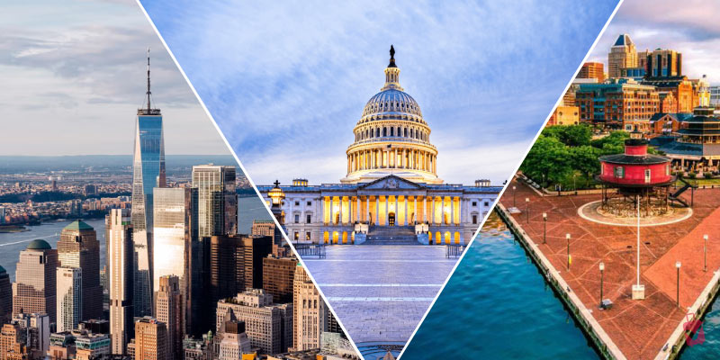 Skyline views of New York City and Washington DC represent the best day trips near Philadelphia for travelers exploring the East Coast.