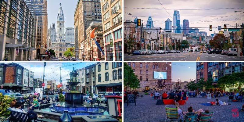 Vibrant street views of Center City and local plazas highlight the best neighborhoods in Philadelphia to explore on foot.