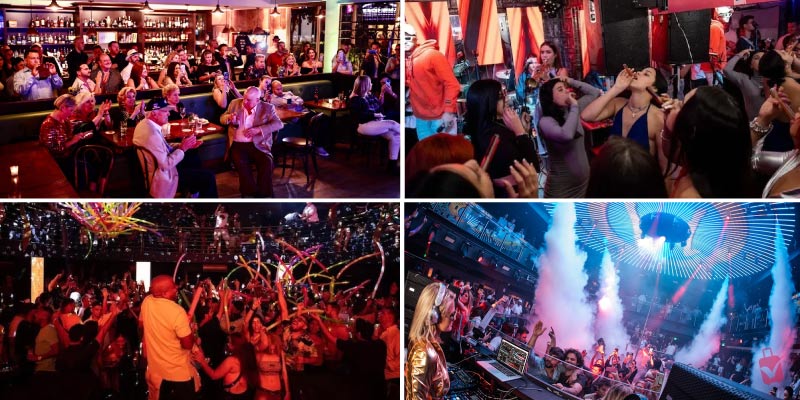 A collage of four images capturing Miami's vibrant nightlife and Cuban culture two lively bar scenes, a crowded dance floor with colorful lights, and a DJ performing in a club.