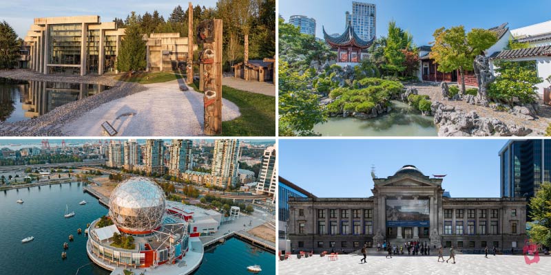 Cultural experiences in Vancouver at the Museum of Anthropology, Dr. Sun Yat-Sen Chinese Garden, Science World, and the Art Gallery.
