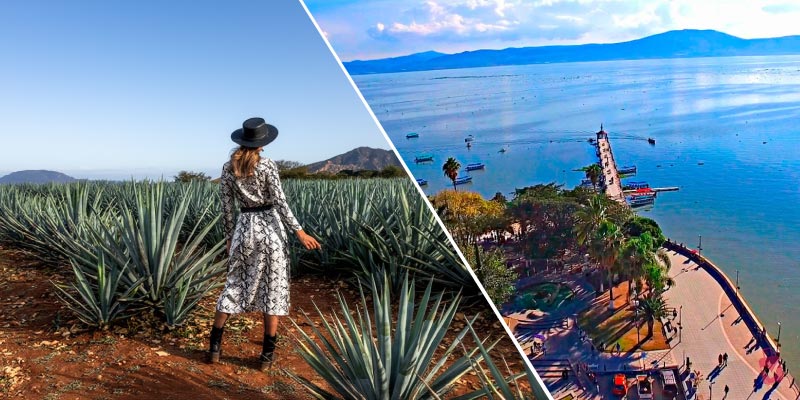 A split image showing day trips from Guadalajara - on the left, a woman in a hat stands in an agave field, and on the right, an aerial view of Lake Chapala with a pier and boats.