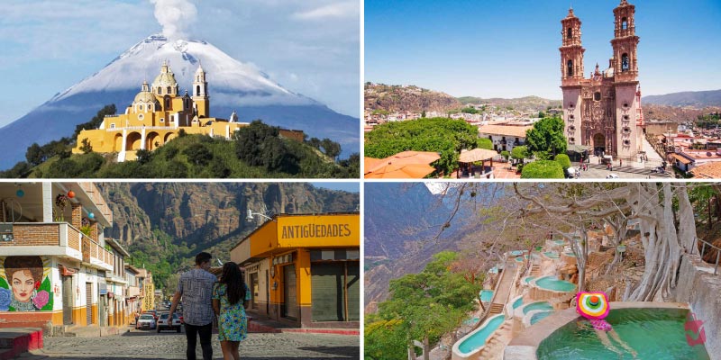 A collage of stunning day trips from Mexico City, featuring a vibrant yellow church against a volcano, a colonial town, and a natural hot spring.