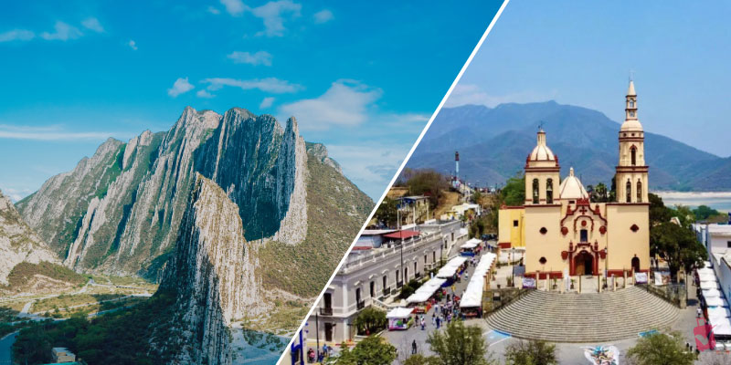 A split image features a rugged mountain range on the left and a vibrant town with a prominent church on the right, showcasing day trips from Monterrey.