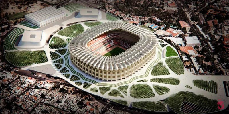 Aerial view of Estadio Azteca, a large circular stadium surrounded by green spaces and urban development, ideal for sporting events in Guadalajara.