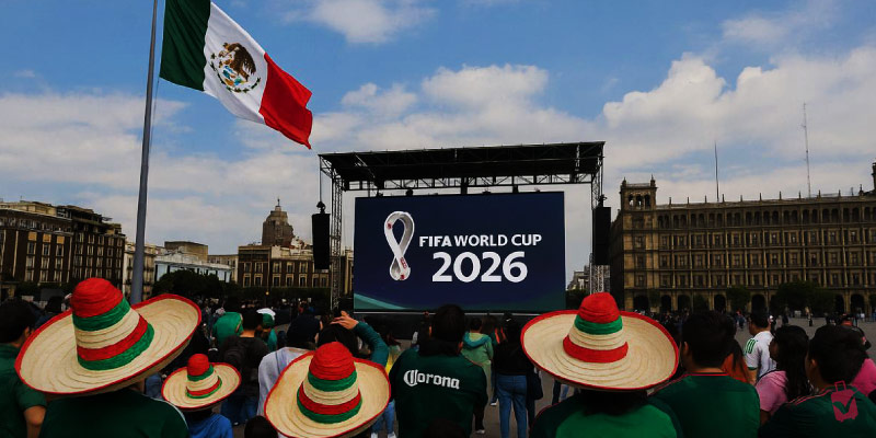 A large screen displaying the "FIFA WORLD CUP 2026" logo in a public square in Mexico City, with a Mexican flag and people wearing sombreros.
