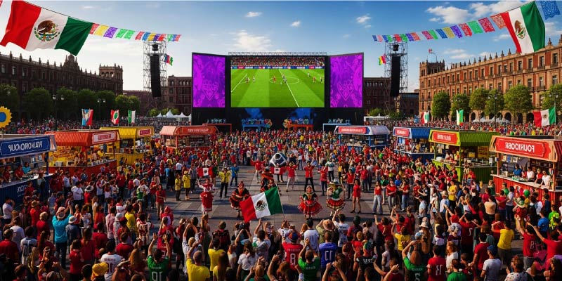 Fans gather at the FIFA Fan Festival San Francisco to watch a soccer game on a large outdoor screen surrounded by festive decorations.