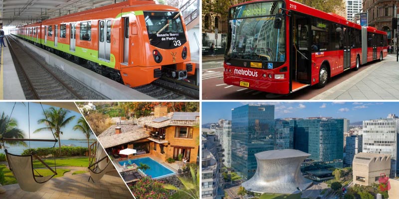 A modern, bustling metropolis with skyscrapers and advanced public transportation like a subway and a bus, representing the host city for the FIFA World Cup.