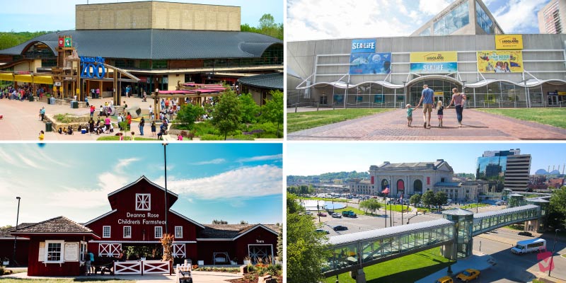 Collage of Family-Friendly Kansas City Attractions featuring the Kansas City Zoo, Sea Life aquarium, Deanna Rose Farmstead, and the iconic Union Station pedestrian bridge.