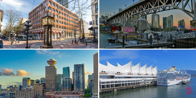 Famous landmarks in Vancouver such as the Gastown Steam Clock, Vancouver Lookout tower, and the iconic white sails of Canada Place.