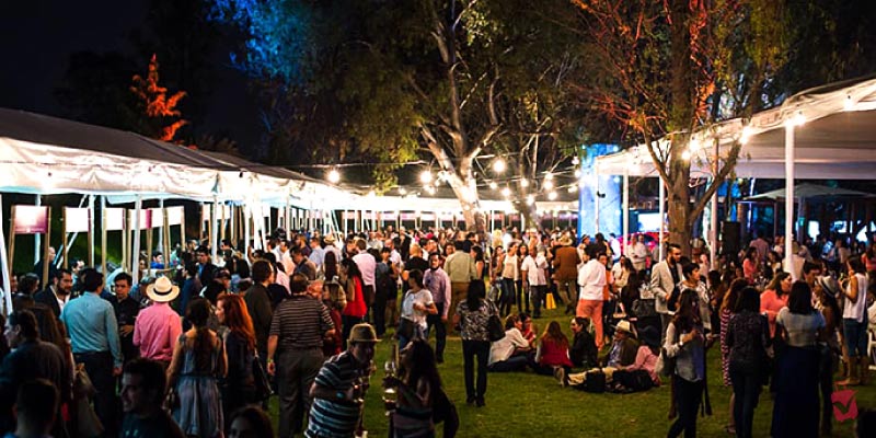 Crowds of people socialising under string lights and white tents at the outdoor night event Festival del Vino Mexicano (FEVINO) in Guadalajara.