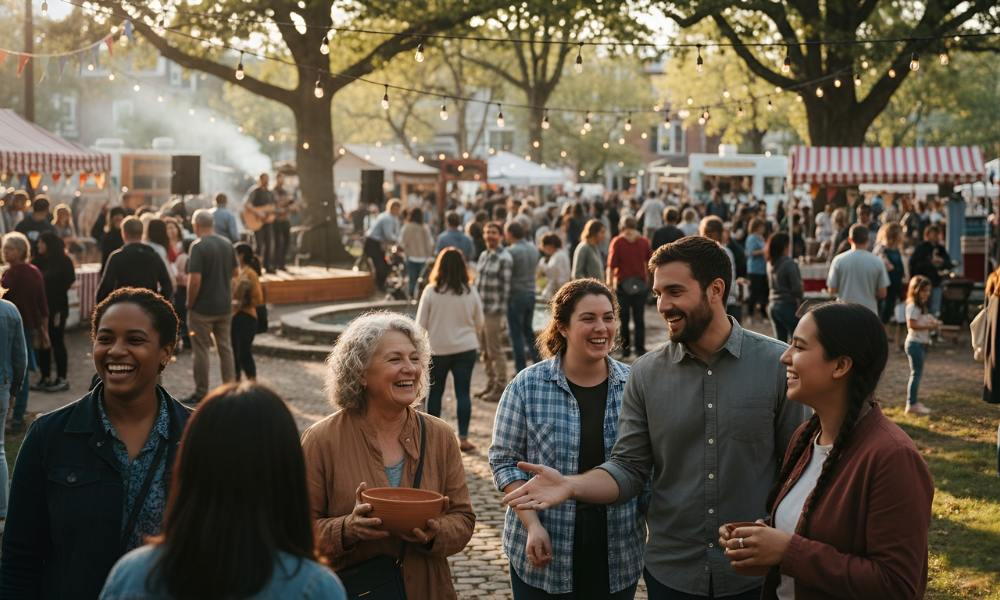 A lively outdoor festival in New Jersey, where people of all backgrounds gather happily, enjoying great food, live music, and easy conversation beneath softly glowing string lights.