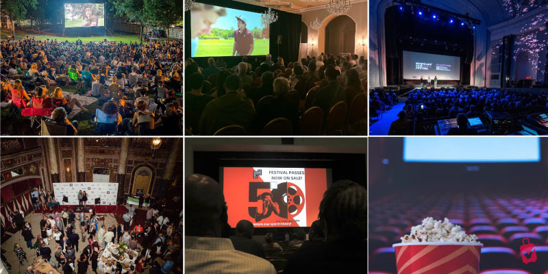 People watch movies at indoor and outdoor Film Festivals in New Jersey showing red carpet events and theater crowds with popcorn in focus.