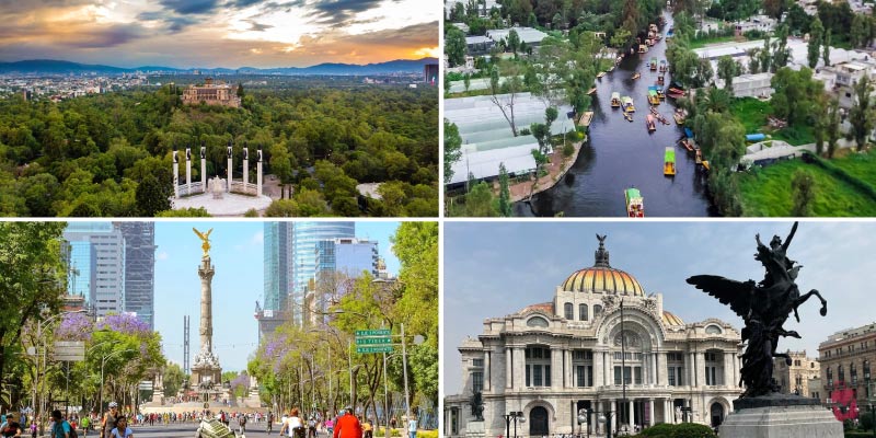 An aerial view of Chapultepec Castle a top a hill surrounded by dense forest at sunset, a free attraction in Mexico City.