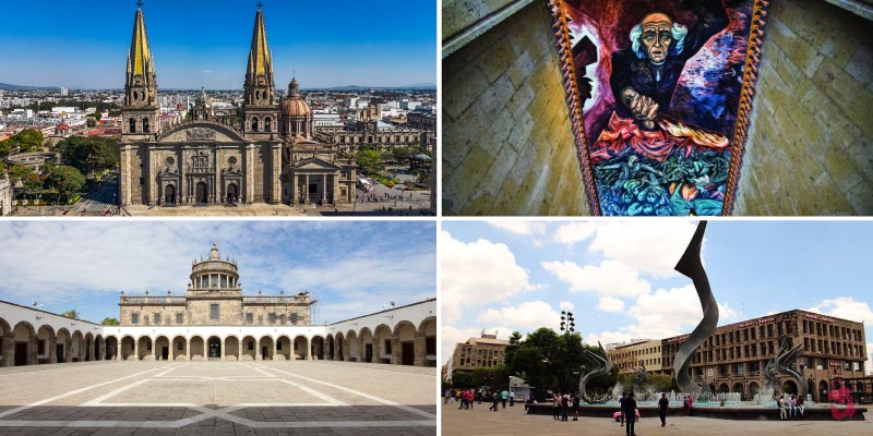 A collage of four images showing free things to do in Guadalajara - the Guadalajara Cathedral, a vibrant mural, the interior courtyard of a historic building, and a modern sculpture in a public square.