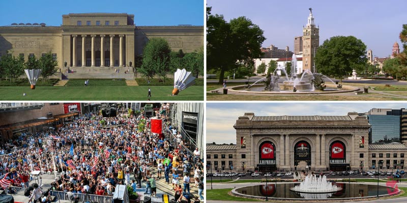 Discover free things to do in Kansas City with a collage of iconic fountains, the Nelson-Atkins shuttlecocks, Union Station, and vibrant community celebrations.