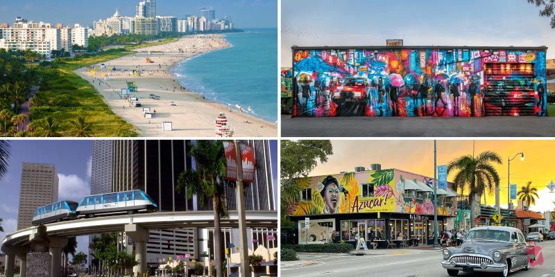 A collage of four images showing various free attractions in Miami South Beach, a vibrant Wynwood Walls mural, the Metromover, and a street scene in Little Havana.