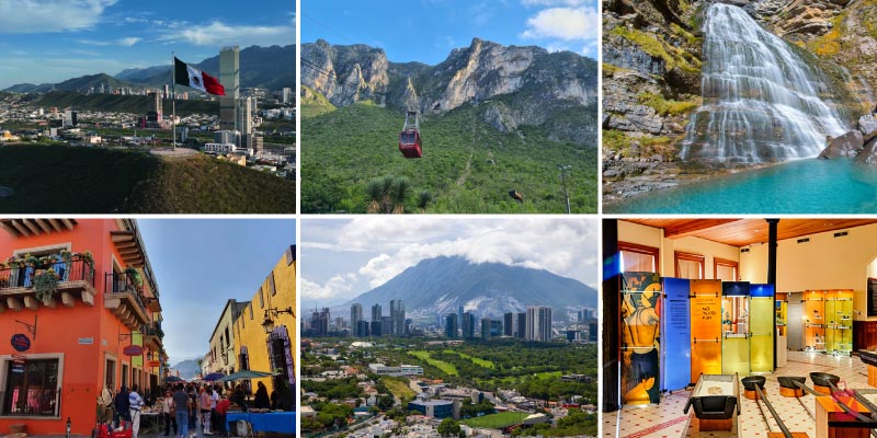 A collage of six images shows various free activities in Monterrey. Top row from left: a city view with mountains and a flag; a cable car ascending a mountain; a waterfall. Bottom row from left: a colorful street; a panoramic city view with mountains; an indoor exhibit space.