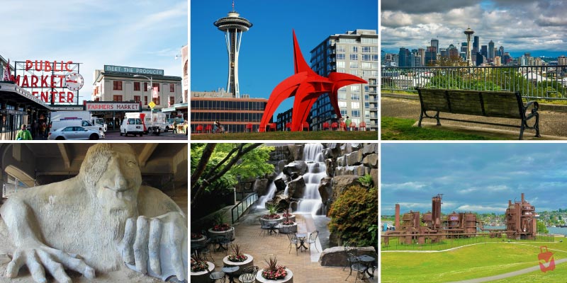 A collage showing iconic landmarks like the Fremont Troll and Gas Works Park, which are popular free things to do in Seattle.