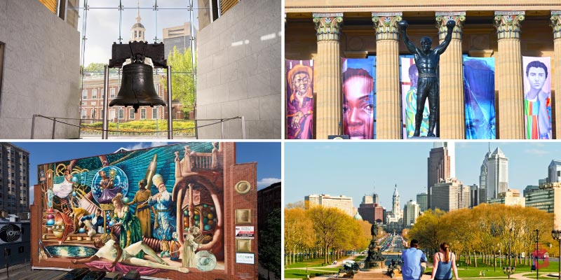 Collage showing the Liberty Bell and Rocky Statue, representing iconic free things to do in Philadelphia for tourists on a budget.