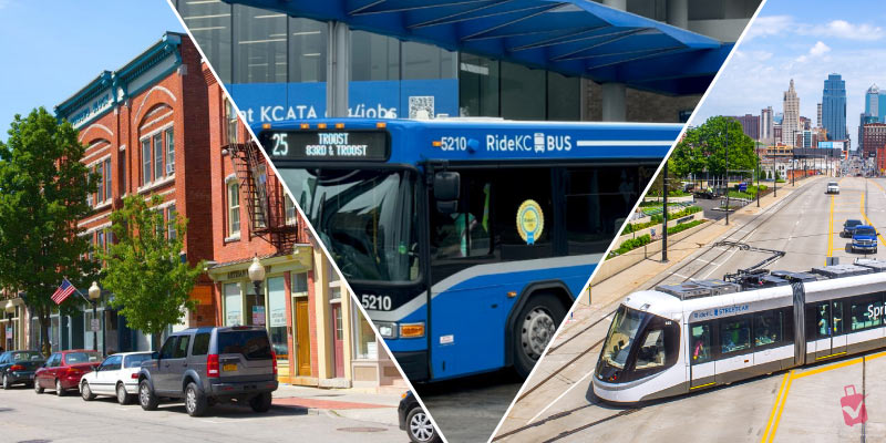 A collage featuring a RideKC bus, a white streetcar, and urban city streets as public transport options for getting to Arrowhead Stadium.