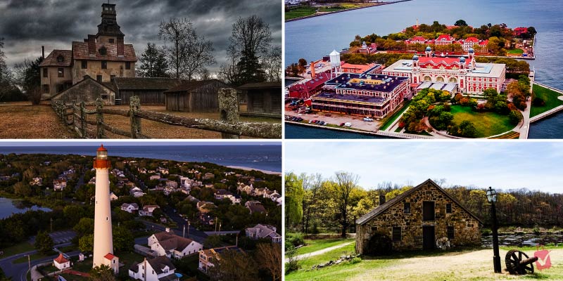 A collage of four images featuring heritage tourism sites in New Jersey: a rustic old building under a cloudy sky, Ellis Island, a lighthouse overlooking a town, and an old stone building in a field.