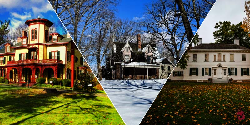 A triangular collage of three historic homes in New Jersey, one a vibrant yellow Victorian, another a snow-covered mansion, and a white colonial-style house.