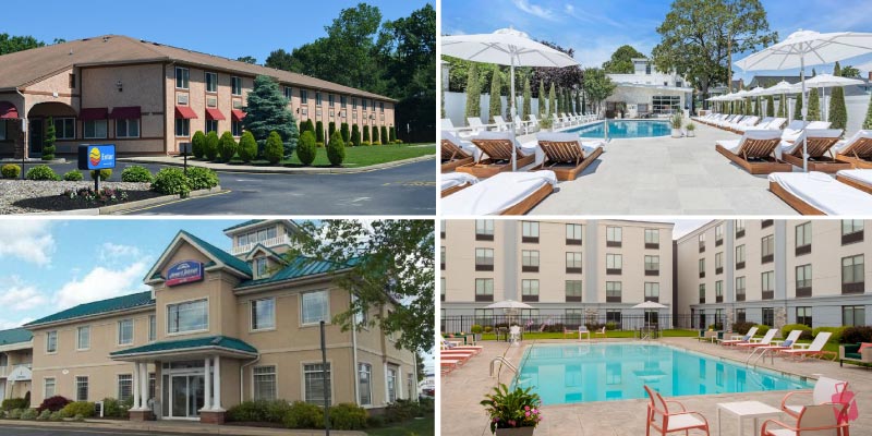 A collage of accomodation options including a Howard Johnson and Comfort Inn for travelers looking for a comfortable Hotel in New Jersey.