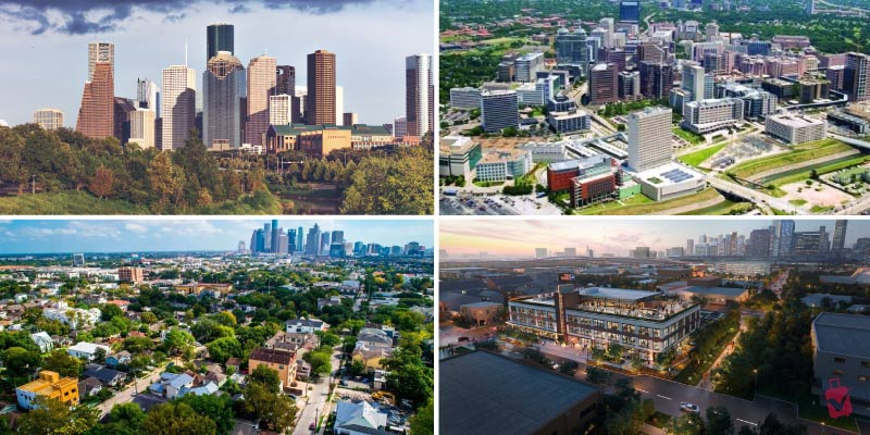 Aerial views of suburban residential areas and the bustling medical center illustrate the wide range of unique houston neighborhoods across the metropolitan area.