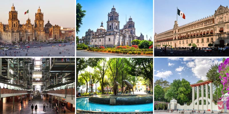 A collage of Instagram-worthy spots in Mexico City, featuring grand cathedrals, a bustling square, a modern library, and a beautiful park.
