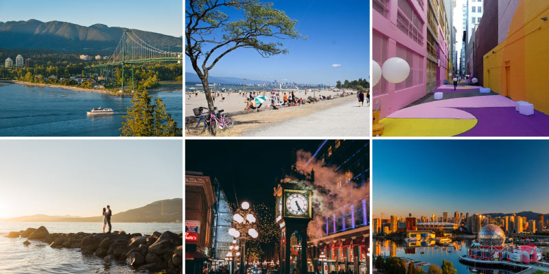 Instagram worthy spots in Vancouver including Lions Gate Bridge, the colorful Alley Oop, and sunset views at English Bay.