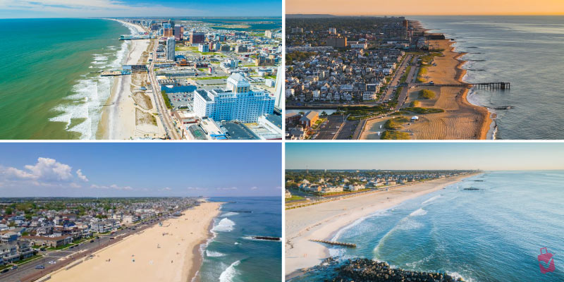 Aerial views of Jersey Shore Beach Towns showcase long stretches of sandy coastline and iconic boardwalks along the Atlantic Ocean.