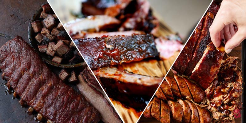 Collage of smoked ribs, burnt ends, and sausages from iconic Kansas City BBQ Restaurants, showcasing the city's world-famous and flavorful barbecue culture.