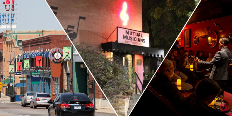 A collage featuring the historic 18th and Vine district, the Mutual Musicians Foundation, and a live performance showcasing rich Kansas City Jazz Heritage.