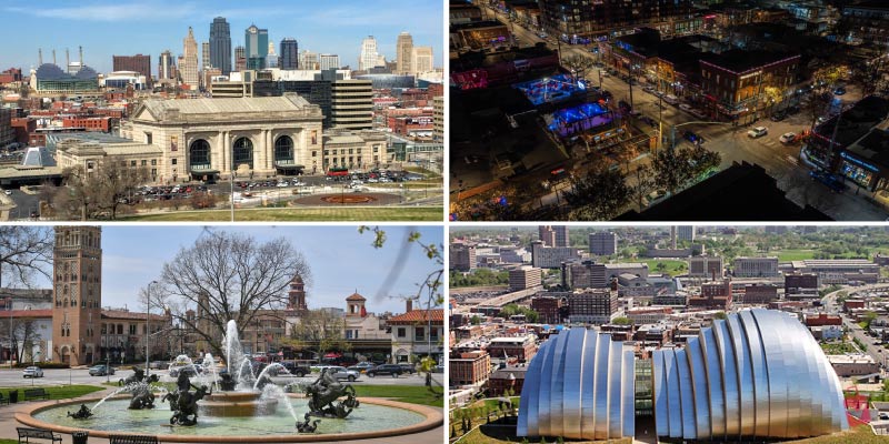 A collage showcasing Kansas City Neighborhoods through landmarks like Union Station, the Plaza fountain, Kauffman Center, and vibrant city night districts.